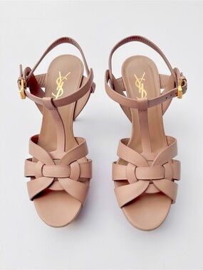 Yves Saint Laurent Blush Pink Knotted Leather Heeled Sandals